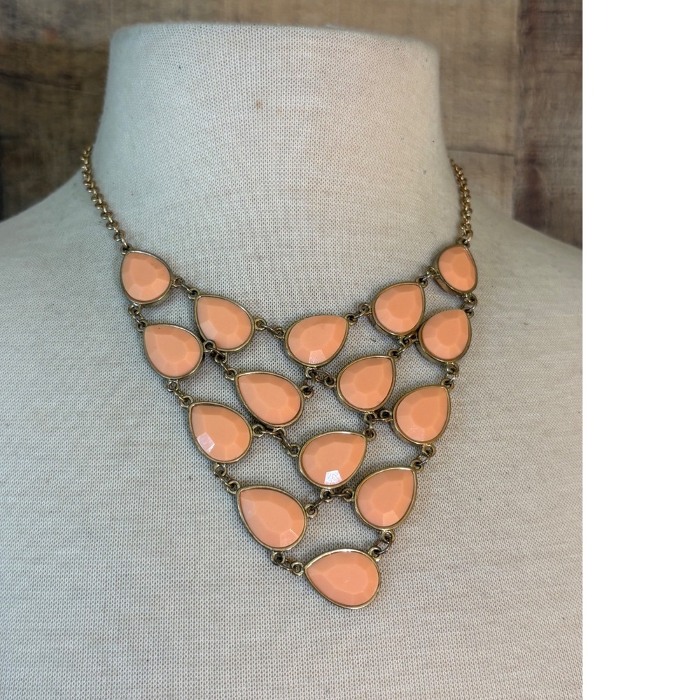Peach Teardrop Bib Statement Necklace Gold Tone Adjustable Chain